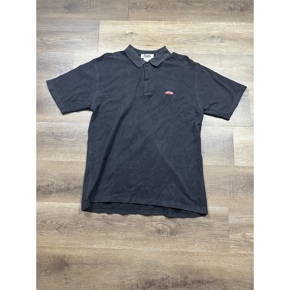 VTG Roots Canada Short Sleeve Polo Mens L Black Collared Embroidered Logo Casual